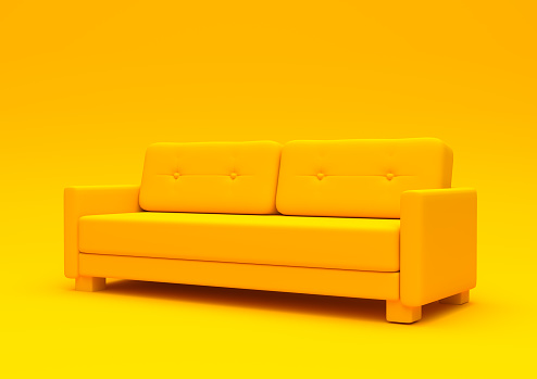 Modern sofa, couch isolated on a pastel yellow living room. Empty interior background . Minimal creative style concept. 3D rendering illustration side view