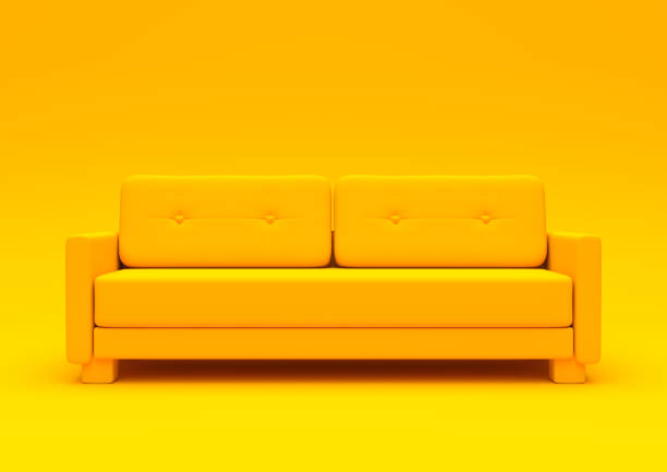 Modern sofa, couch isolated on a pastel yellow living room. Empty interior background . Minimal creative style concept. 3D rendering illustration front view