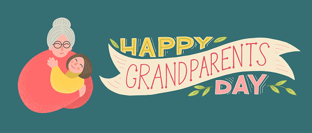 Happy Grandparents Day. Grandmother holding granddaughter with hand drawn lettering. Vector illustration.