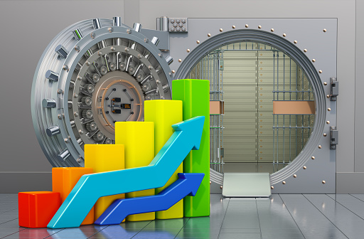 Opened bank vault with growing charts. Analytical banking concept, 3D rendering