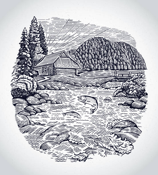Rural landscape with the hut, in graphic style, with a mountain river and fish in it.