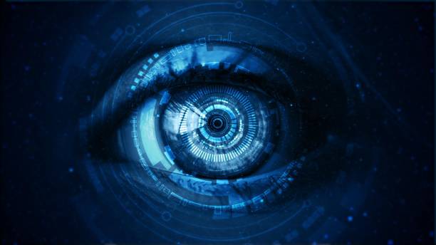 Futuristic digital technology screen on the eye Close up of Asian women with hi tech digital technology screen over the eye. spy stock pictures, royalty-free photos & images