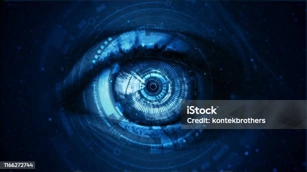 Futuristic Digital Technology Screen On The Eye Stock Photo - Download Image Now - Technology, Eye, Surveillance