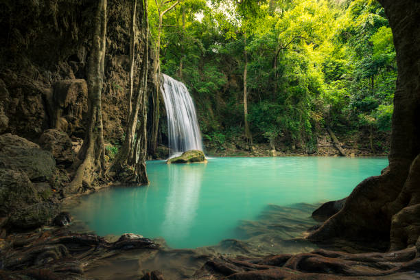 der erawan wasserfall im erawan nationalpark in der provinz kanchanaburi,thailand. es ist ein klarer blauer berühmter wasserfall in thailand. - erawan beauty in nature waterfall clean stock-fotos und bilder