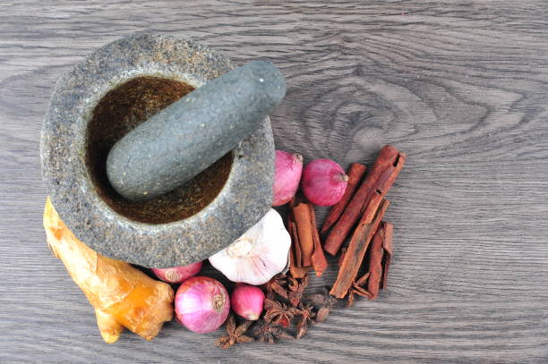istock Mortar, star anise, cinnamon, ginger on a wooden background 1166273426