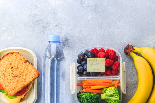 istock Lunchboxes with sandwiches and different products on grey background 1166275915