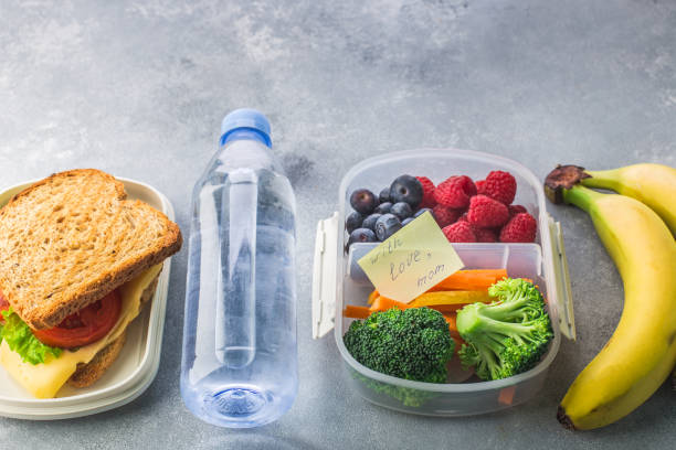 istock Lunchboxes with sandwiches and different products on grey background 1166276489