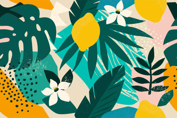 ilustraciones, imágenes clip art, dibujos animados e iconos de stock de collage contemporáneo patrón floral sin costuras. vector de ilustración de frutas y plantas exóticas modernas de la selva. - flower background