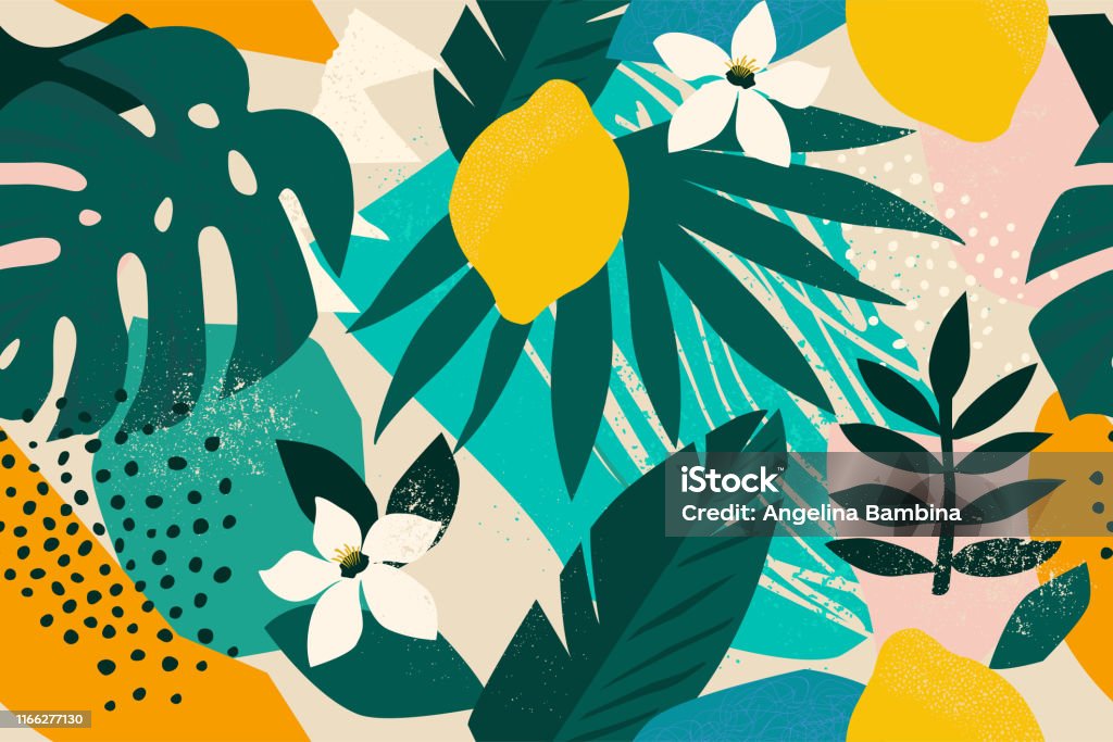 Collage contemporary floral seamless pattern. Modern exotic jungle fruits and plants illustration vector. Summer stock vector