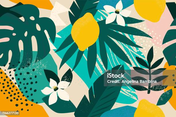 Collage Contemporary Floral Seamless Pattern Modern Exotic Jungle Fruits And Plants Illustration Vector Stock Illustration - Download Image Now
