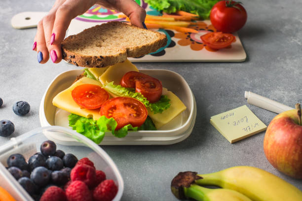 mère donnant le déjeuner sain pour l'école le matin - child human hand sandwich lunch box photos et images de collection