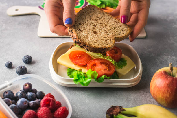 mère donnant le déjeuner sain pour l'école le matin - child human hand sandwich lunch box photos et images de collection