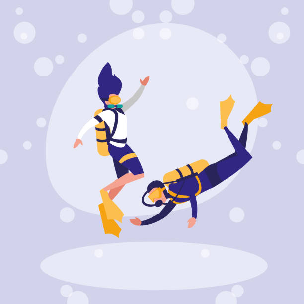 couple practicing diving avatar character couple practicing diving avatar character vector illustration design undersea diver stock illustrations