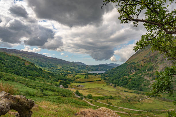 Panorama on Llyn Gwynant and its valley, Wales Panorama on Llyn Gwynant and its valley, Wales, United Kingdom llyn gwynant stock pictures, royalty-free photos & images