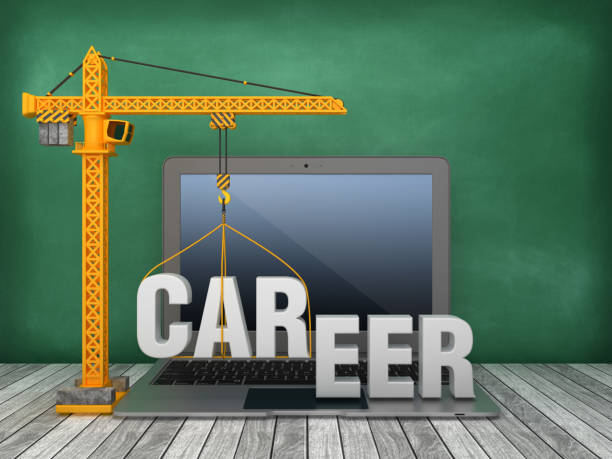 istock Tower Crane and Laptop with CAREER Word on Chalkboard Background - 3D Rendering 1166279144
