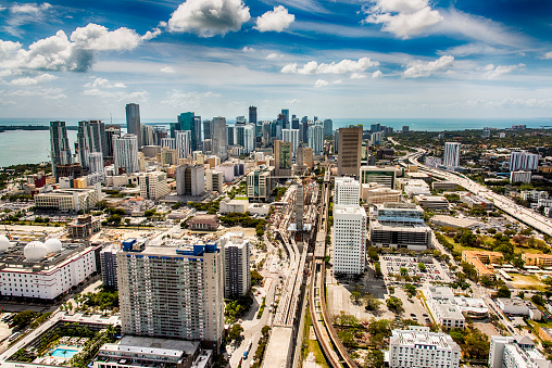 The downtown district of Miami, Florida shot from directly over the city at an altitude of about 1000 feet using a wide angle lens.