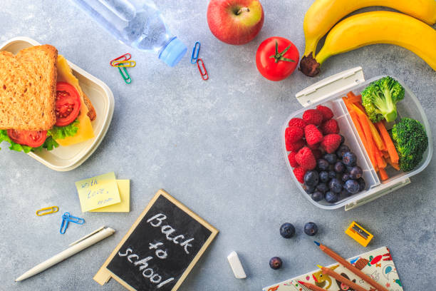 Lunchboxes with sandwiches and different products on grey background