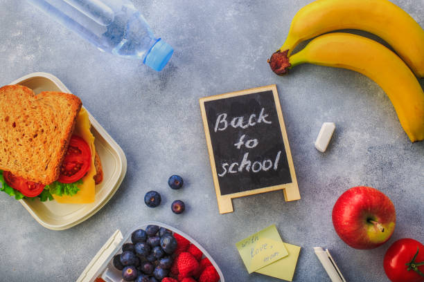 istock Lunchboxes with sandwiches and different products on grey background 1166281850