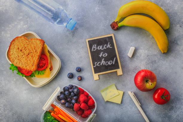 istock Lunchboxes with sandwiches and different products on grey background 1166281889