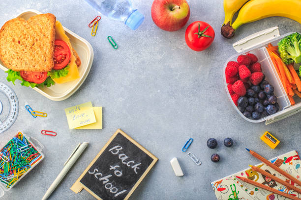 istock Lunchboxes with sandwiches and different products on grey background 1166281928