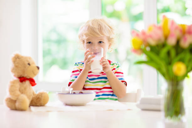 Child eating breakfast. Kid with milk and cereal. Child having breakfast. Kid feeding teddy bear toy, drinking milk and eating cereal with fruit. Little boy at white dining table in kitchen at window. Kids eat. Healthy nutrition for young kids. boys bowl haircut stock pictures, royalty-free photos & images