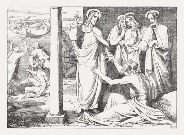 ilustrações, clipart, desenhos animados e ícones de jesus cura um paralítico na lagoa de bethesda - paralytic