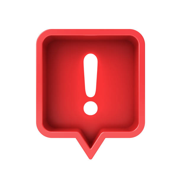 3d powiadomienia mediów społecznościowych neon światło wykrzyknik ikona w kolorze czerwonym zaokrąglonym kwadratowym pinem odizolowanym na białym tle - danger warning sign warning symbol exclamation point zdjęcia i obrazy z banku zdjęć