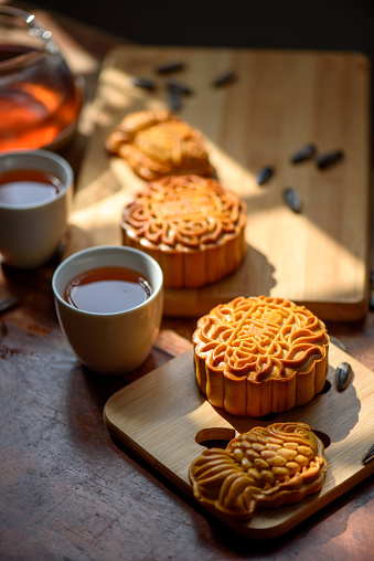 Image of Chinese traditional festival mid-autumn Moon cake and Tea.