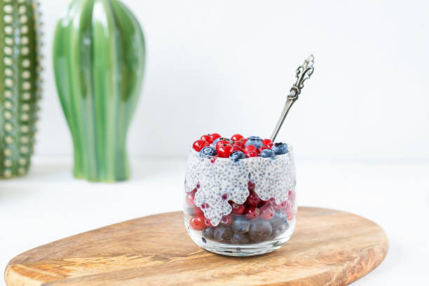 istock Chia seed pudding with blueberries, red currant berries and coconut flakes in a glass 1166285220