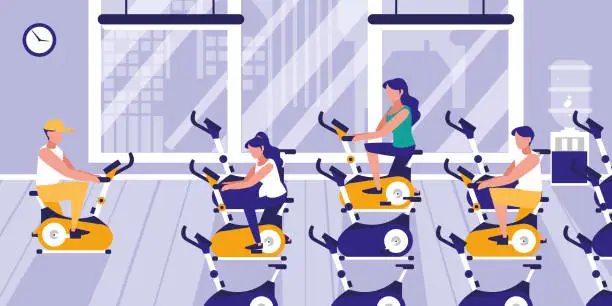 Vector illustration of people doing exercising in gym