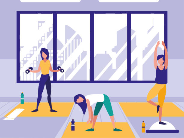 women performing stretching in gym women performing stretching in gym vector illustration design gymnastics stretches stock illustrations