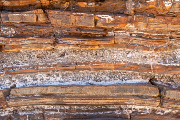 Sediment and rock layers at Karijini National Park in Dales Gorge including natural asbestos stock photo