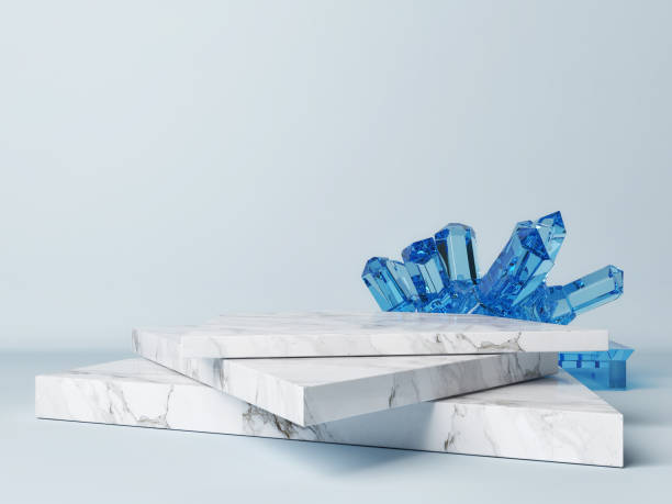 marmor-podium mit kristall-dekoration, abstrakte komposition auf blauem backgroun - 2234 stock-fotos und bilder