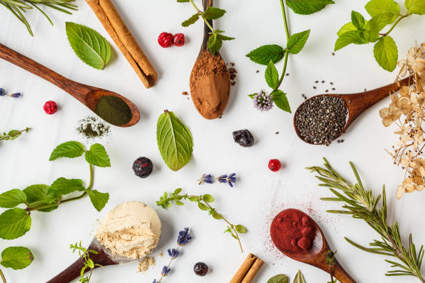 super foods flatlay: maca powder, beetroot powder, chia and hemp, spirulina in wooden spoons on white background. healthy eating concept. - chlorella spirulina bacterium algae nutritional supplement imagens e fotografias de stock