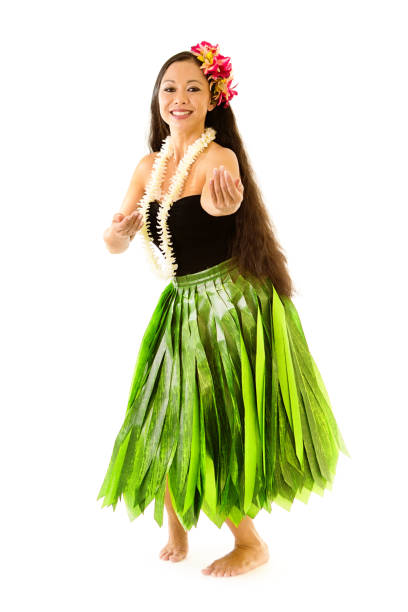 гавайский хула танцовщица изолированы на белом фоне - grass skirt стоковые фото и изображения