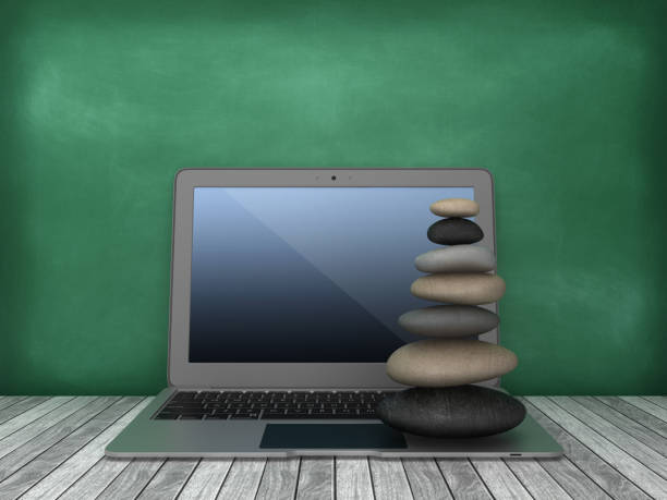 istock Laptop with Stones Balance on Chalkboard Background - 3D Rendering 1166288370