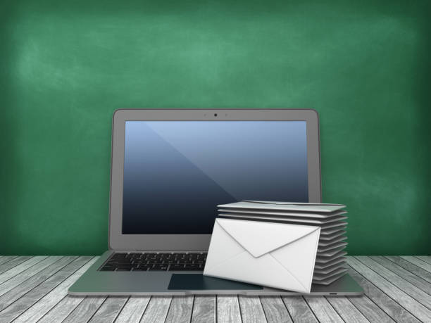 laptop with envelopes on chalkboard background - 3d rendering - blackboard cloud global communications cloud computing imagens e fotografias de stock