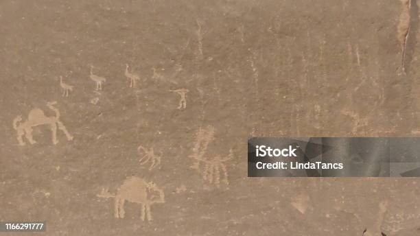 Petroglyphs In Wadi Rum Jordan Stock Photo - Download Image Now - Ancient, Cave Painting, Color Image