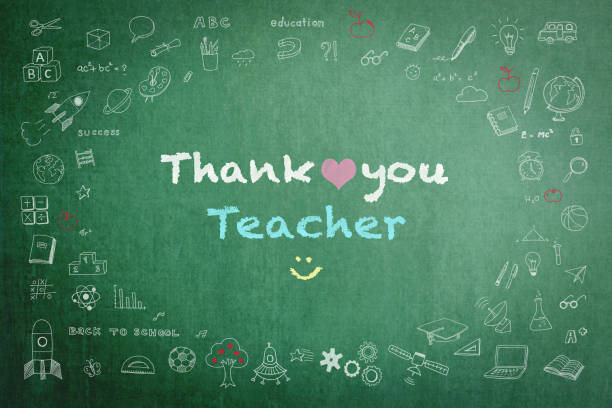 Thank you teacher with doodle on green chalkboard background Thank you teacher with doodle on green chalkboard background teacher borders stock illustrations