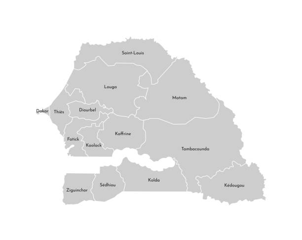 塞內加爾簡化行政地圖的向量孤立圖。區域的邊界和名稱。灰色剪影。白色輪廓 - senegal 幅插畫檔、美工圖案、卡通及圖標