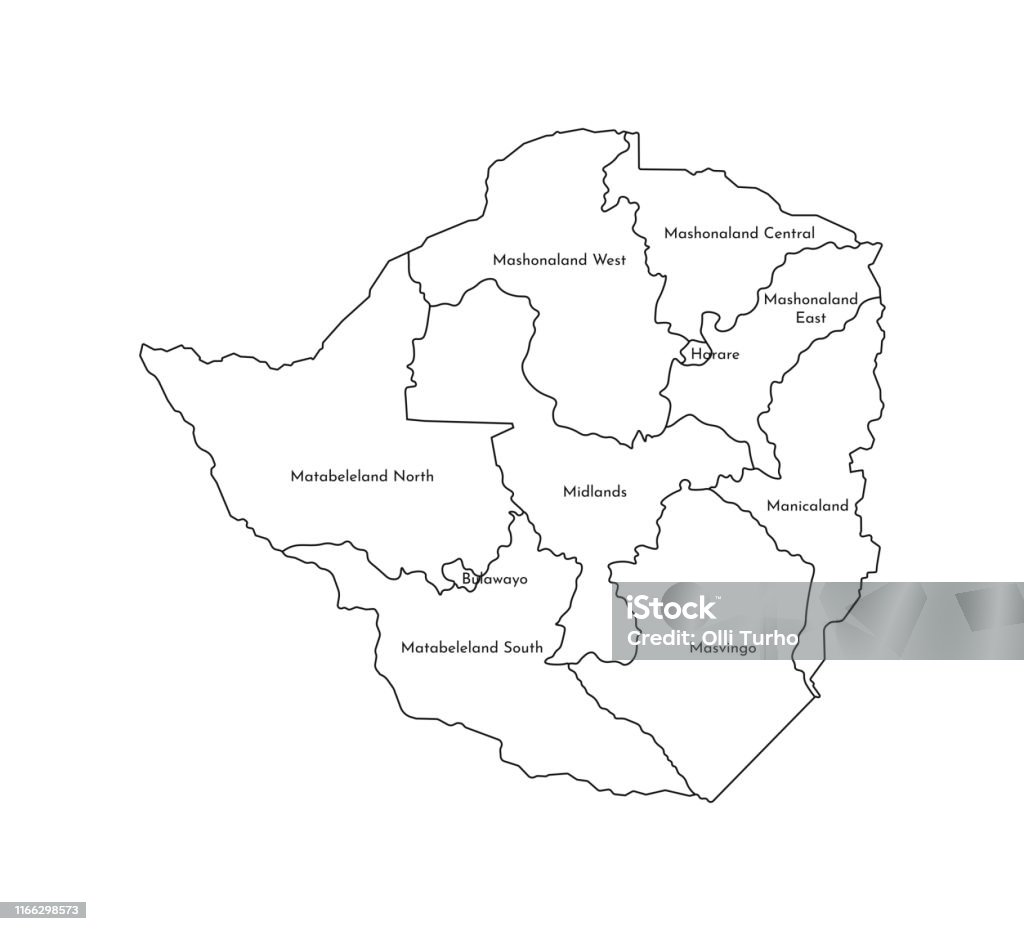 ジンバブエの簡略化された行政地図のベクトル分離図都道府県 の境界線と名前ブラックラインシルエット アイコンのベクターアート素材や画像を多数