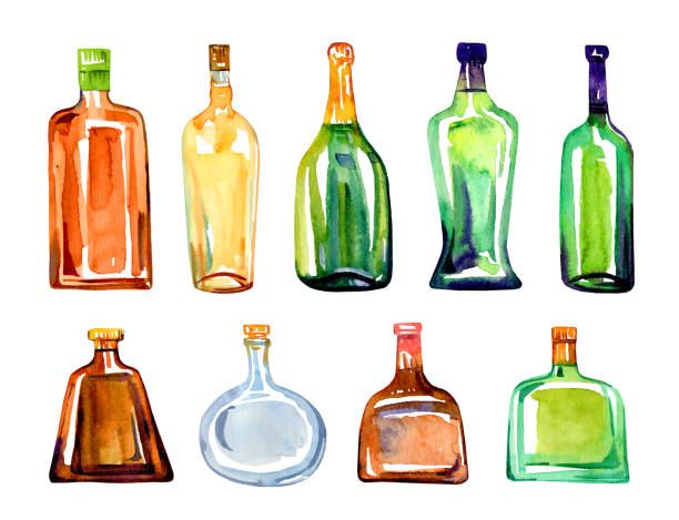 カラーガラスアルコールボトル。水彩画描き下ろしスケッチイラストセット - whisky liqueur glass alcohol bottle点のイラスト素材／クリップアート素材／マンガ素材／アイコン素材