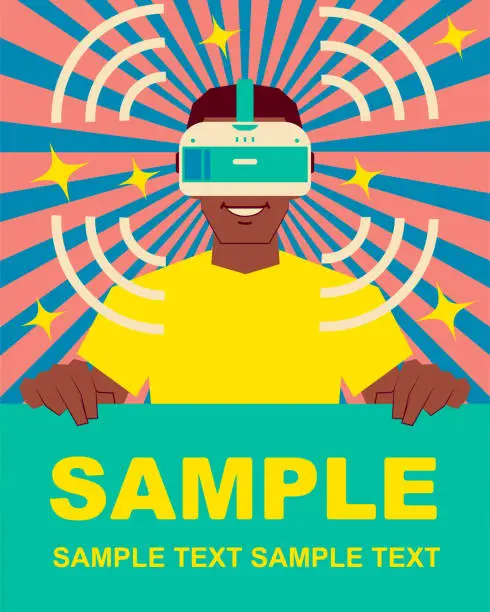 Vector illustration of Smiling African ethnicity boy wearing Virtual reality glasses (VR interface) and holding blank sign