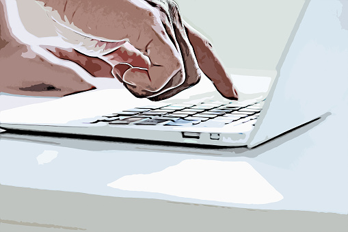Illustration of hand using laptop searching information