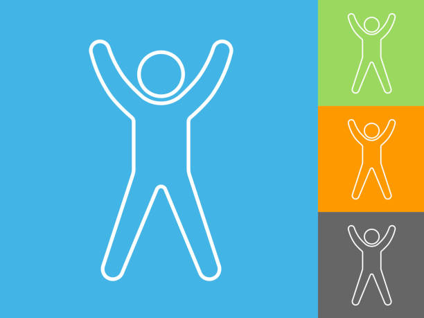 Icon of a man doing jumping jacks Icon of a man doing jumping jacks. This 100% royalty free vector illustration is featuring the main icon on a flat blue background. The image is square and included three more color variations on the right. jumping jacks stock illustrations