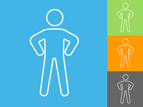 Icon of a man with hands on hips. This 100% royalty free vector illustration is featuring the main icon on a flat blue background. The image is square and included three more color variations on the right.