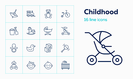 Childhood icons. Set of line icons on white background. Toys, baby, daycare. Nursery concept. Vector can be used for topics like children, childcare, kindergarten