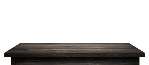 tavolo in legno vuoto con assi di legno nero isolate su sfondo bianco puro. scrivania in legno e tabellone a mensola nera con pavimento prospettica. ( percorso ritaglio ) - surface level dirty wood nobody foto e immagini stock
