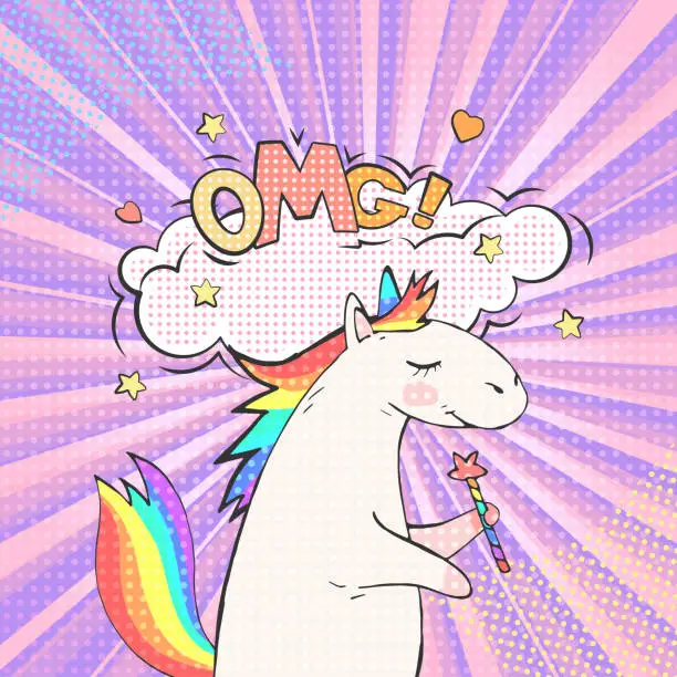 Vector illustration of Fairy animal unicorn and speech bubble with text OMG!
