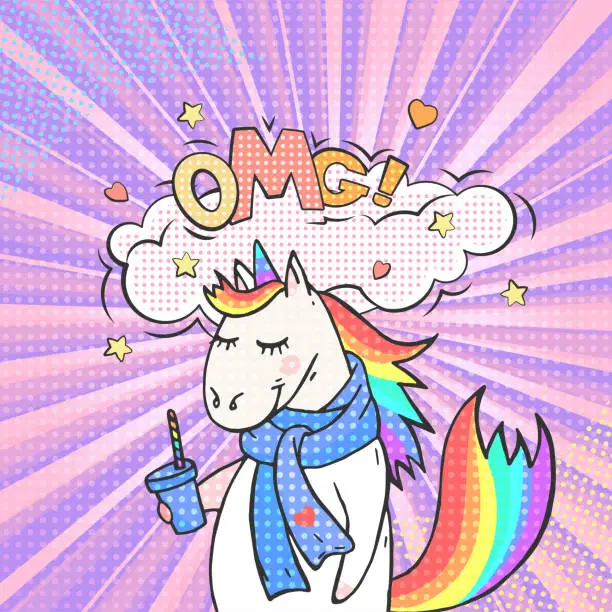 Vector illustration of Fairy animal unicorn and speech bubble with text OMG!